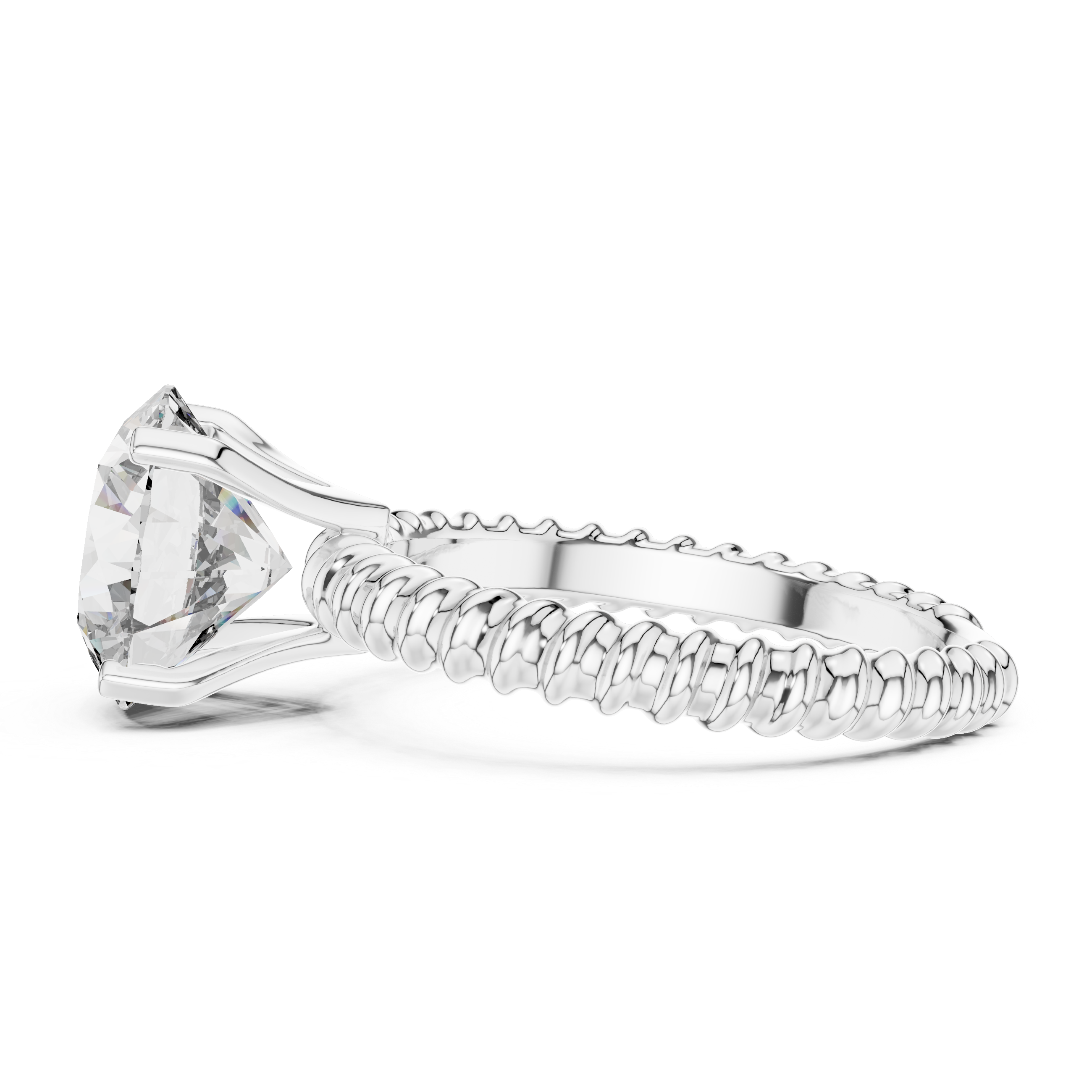 Silver ring with a large diamond and intricate band on a white background